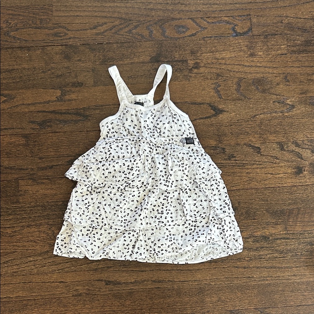 Ikks Girls White Ruffle Sleeveless Dress with Subtle Black Floral Print Size 4